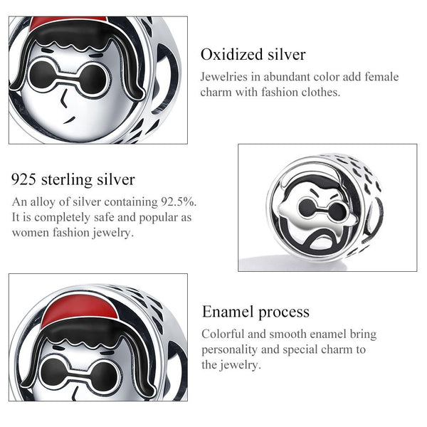 Cartoon Boy Avatar Enamel Sterling Silver Bead Charm Pendant Bracelet Necklace