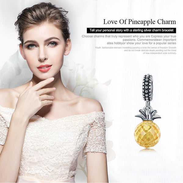 Pineapple Enamel Sterling Silver CZ Bead Charm Bracelet Necklace Pendant