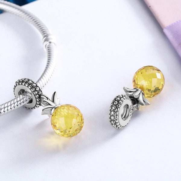 Pineapple Enamel Sterling Silver CZ Bead Charm Bracelet Necklace Pendant