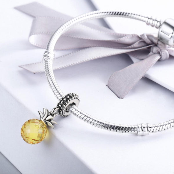 Pineapple Enamel Sterling Silver CZ Bead Charm Bracelet Necklace Pendant