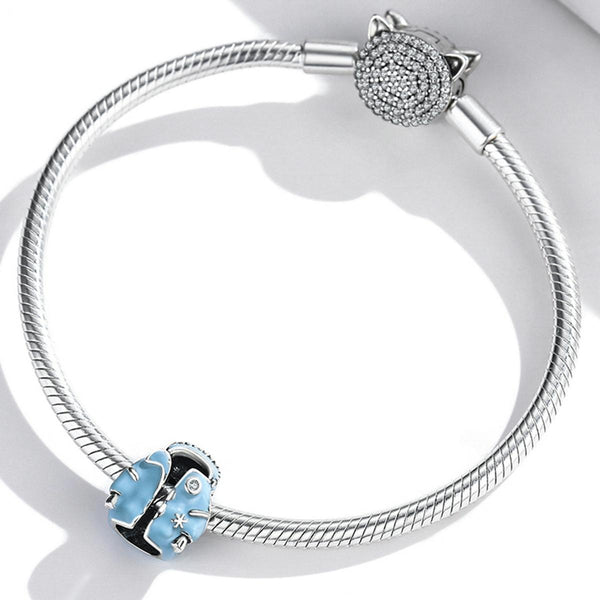 Sky Blue Jacket Enamel Sterling Silver Zircon CZ Bead Charm Bracelet Necklace