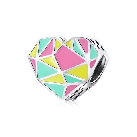 Geometric Pastel Heart Enamel Sterling Silver CZ Bead Charm Pendant Bracelet