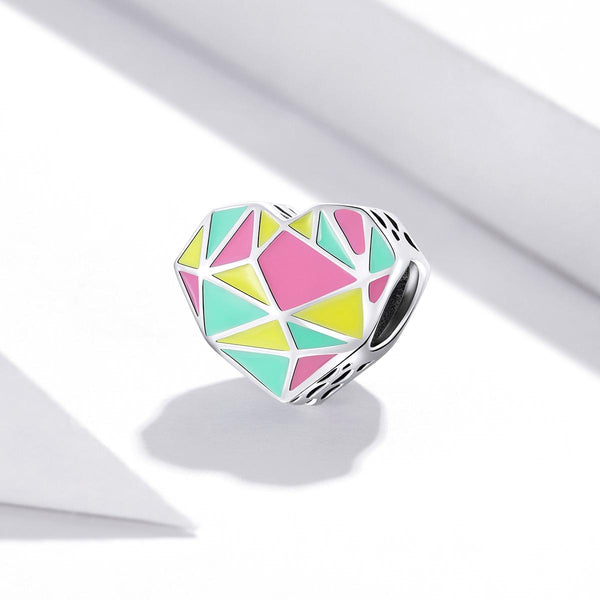 Geometric Pastel Heart Enamel Sterling Silver CZ Bead Charm Pendant Bracelet