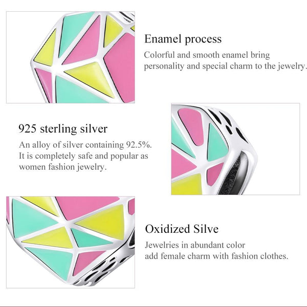 Geometric Pastel Heart Enamel Sterling Silver CZ Bead Charm Pendant Bracelet