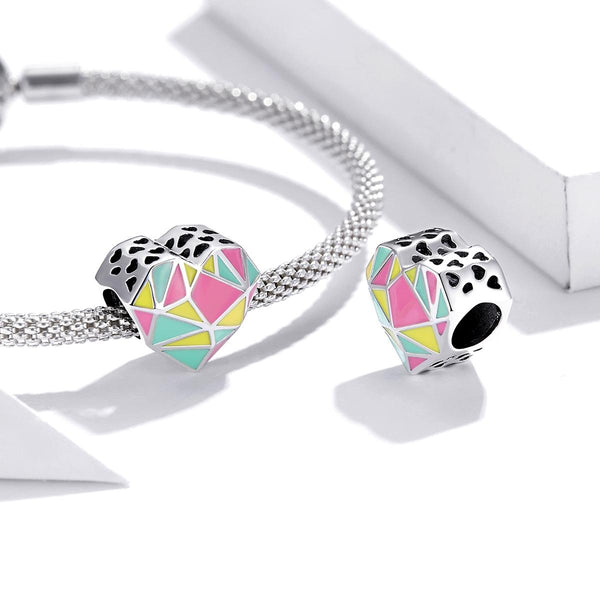 Geometric Pastel Heart Enamel Sterling Silver CZ Bead Charm Pendant Bracelet