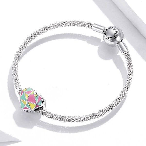 Geometric Pastel Heart Enamel Sterling Silver CZ Bead Charm Pendant Bracelet