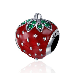 Strawberry Enamel Sterling Silver CZ Bead Charm Bracelet Necklace Pendant