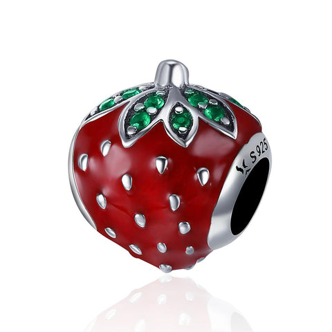 Strawberry Enamel Sterling Silver CZ Bead Charm Bracelet Necklace Pendant