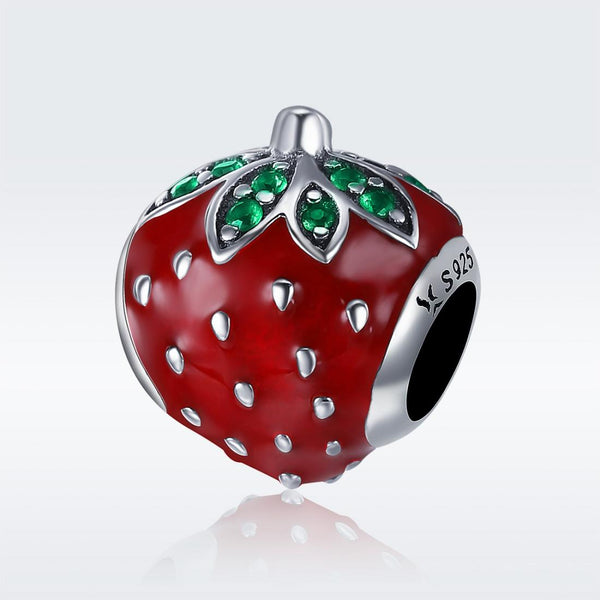 Strawberry Enamel Sterling Silver CZ Bead Charm Bracelet Necklace Pendant