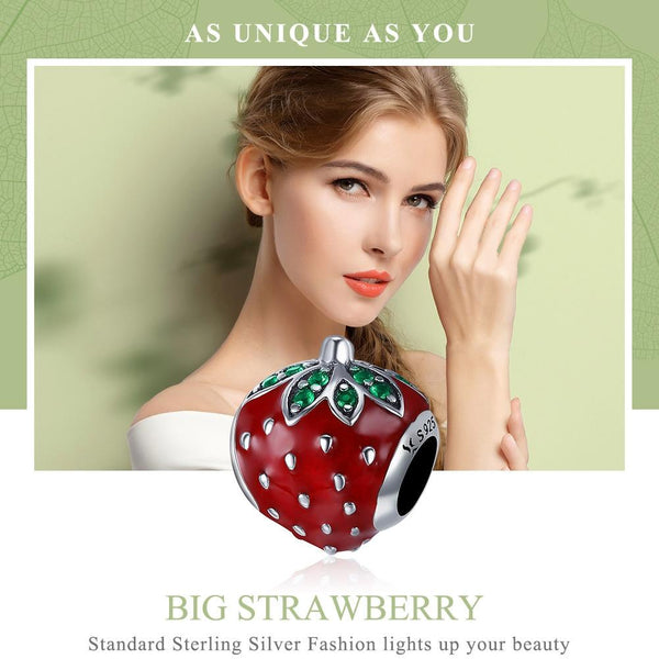 Strawberry Enamel Sterling Silver CZ Bead Charm Bracelet Necklace Pendant