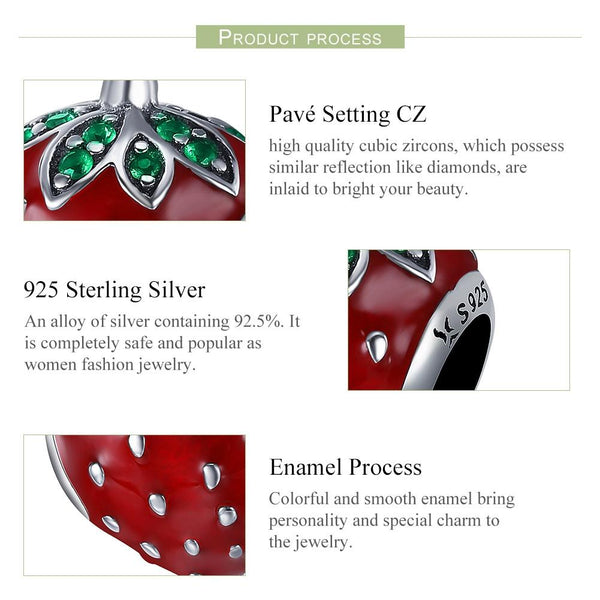 Strawberry Enamel Sterling Silver CZ Bead Charm Bracelet Necklace Pendant