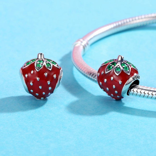 Strawberry Enamel Sterling Silver CZ Bead Charm Bracelet Necklace Pendant