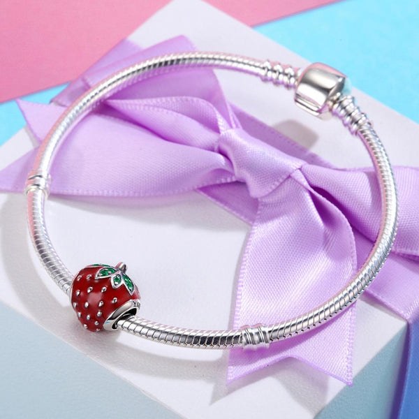 Strawberry Enamel Sterling Silver CZ Bead Charm Bracelet Necklace Pendant