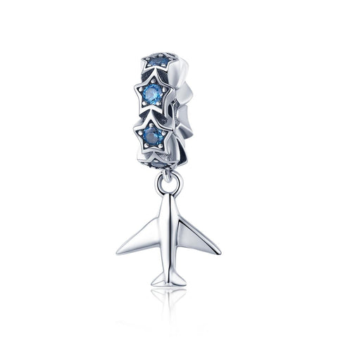 Travel Dream Aeroplane Stars Sterling Silver Bead Charm Bracelet Necklace Pendant
