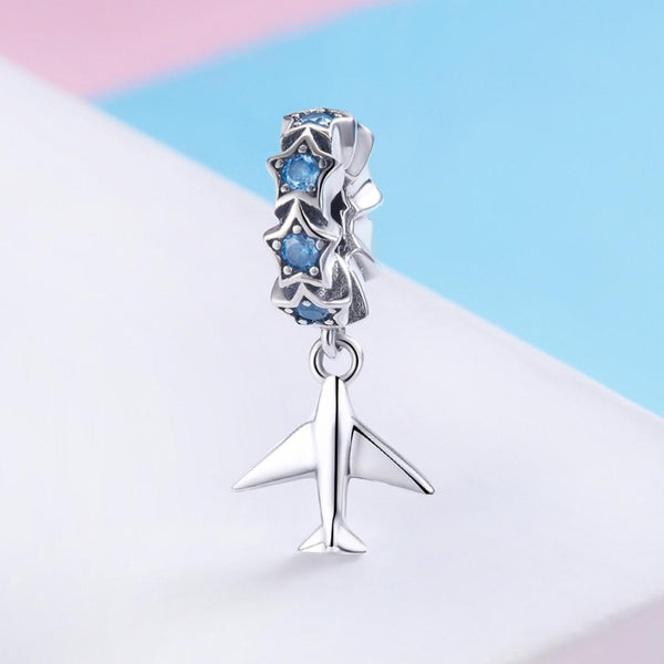 Travel Dream Aeroplane Stars Sterling Silver Bead Charm Bracelet Necklace Pendant