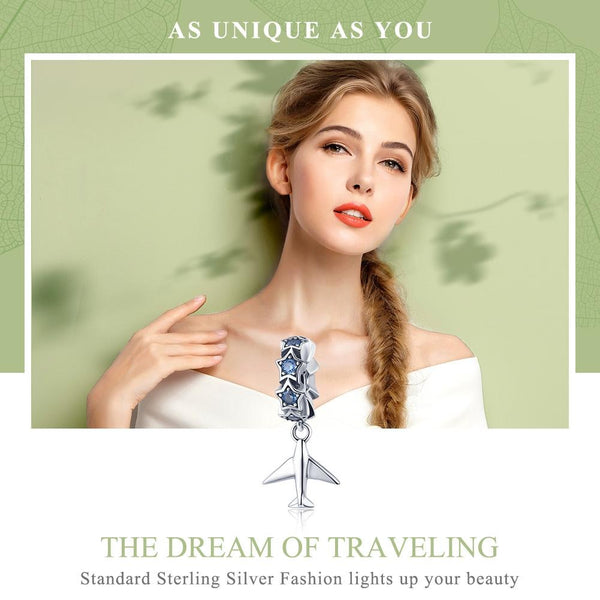 Travel Dream Aeroplane Stars Sterling Silver Bead Charm Bracelet Necklace Pendant