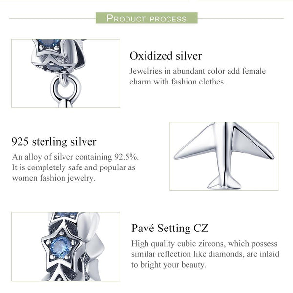 Travel Dream Aeroplane Stars Sterling Silver Bead Charm Bracelet Necklace Pendant