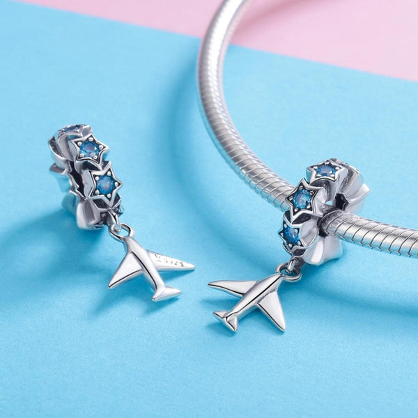 Travel Dream Aeroplane Stars Sterling Silver Bead Charm Bracelet Necklace Pendant