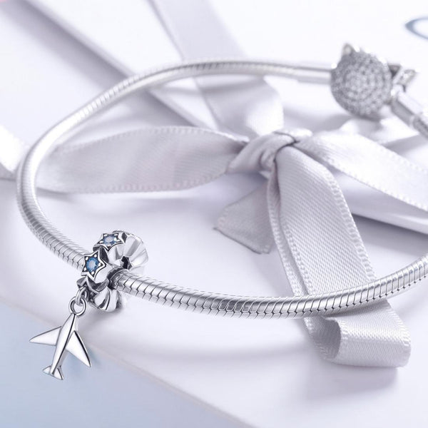 Travel Dream Aeroplane Stars Sterling Silver Bead Charm Bracelet Necklace Pendant