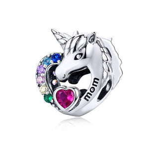 Unicorn Mom Heart Sterling Silver Zircon CZ Bead Charm Bracelet Necklace