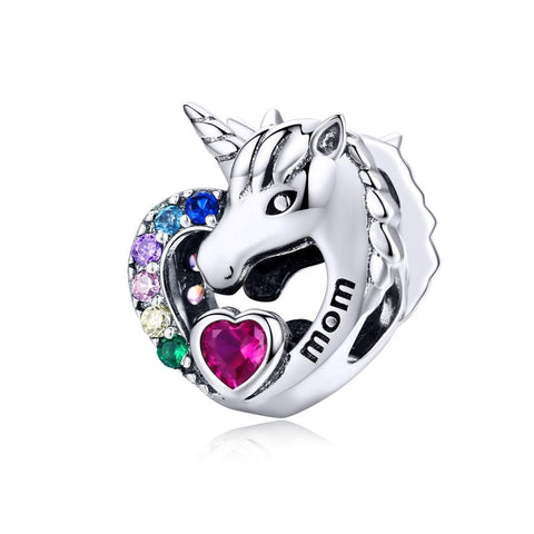 Unicorn Mom Heart Sterling Silver Zircon CZ Bead Charm Bracelet Necklace
