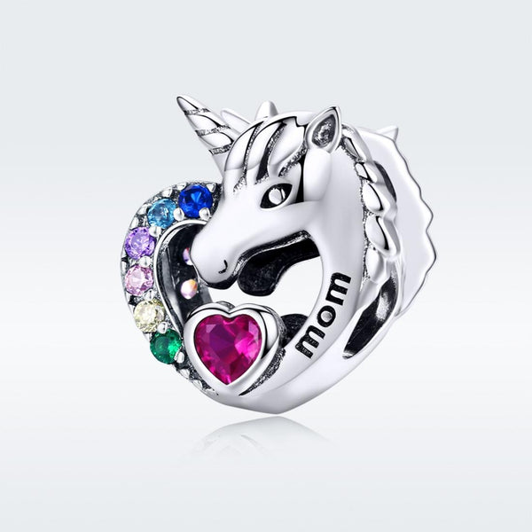 Unicorn Mom Heart Sterling Silver Zircon CZ Bead Charm Bracelet Necklace