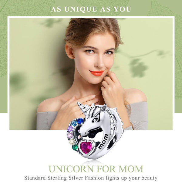 Unicorn Mom Heart Sterling Silver Zircon CZ Bead Charm Bracelet Necklace