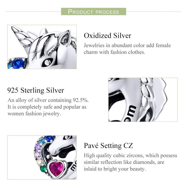 Unicorn Mom Heart Sterling Silver Zircon CZ Bead Charm Bracelet Necklace