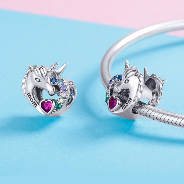 Unicorn Mom Heart Sterling Silver Zircon CZ Bead Charm Bracelet Necklace