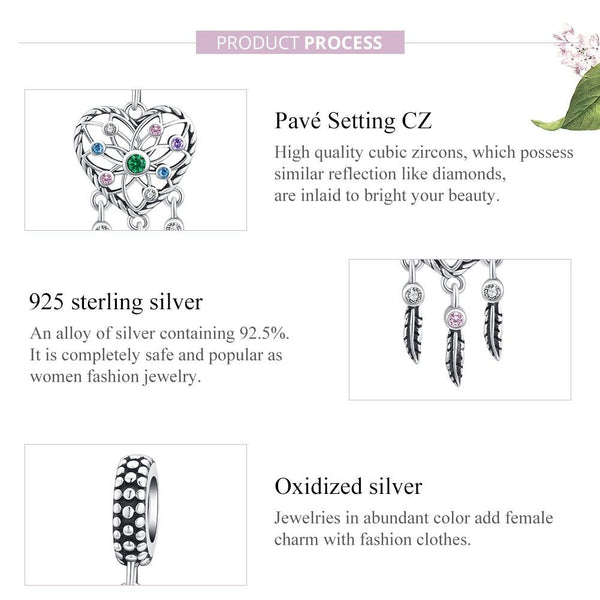 Heart Dreamcatcher Sterling Silver CZ Bead Charm Pendant Bracelet Necklace