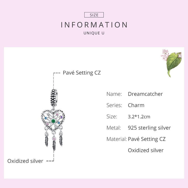 Heart Dreamcatcher Sterling Silver CZ Bead Charm Pendant Bracelet Necklace