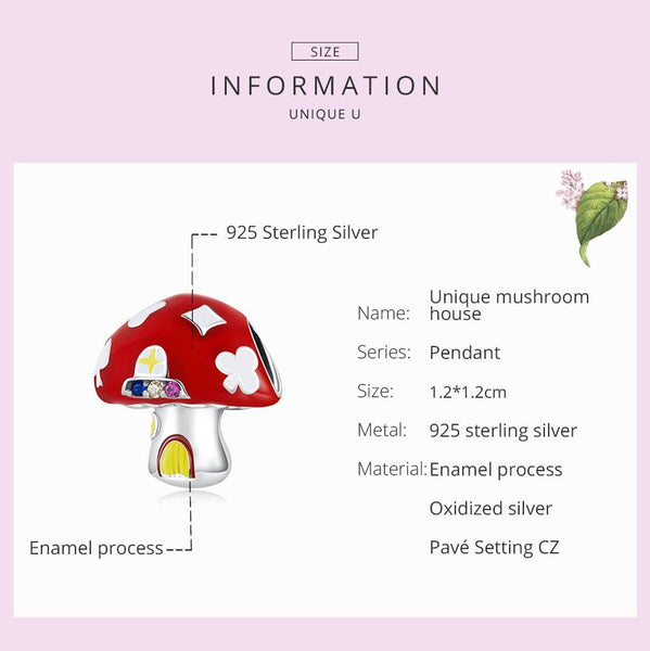 Mushroom Toadstool House Enamel Sterling Silver Zircon CZ Bead Charm Bracelet