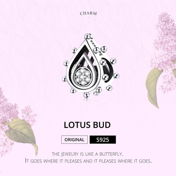 Lotus Flower Bud Sterling Silver Zircon CZ Bead Charm Bracelet Necklace