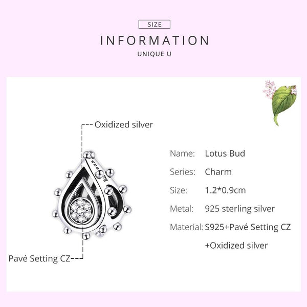 Lotus Flower Bud Sterling Silver Zircon CZ Bead Charm Bracelet Necklace