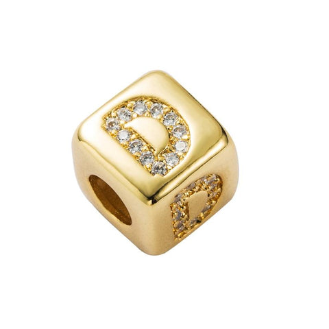 Gold Colour Letter Initial Copper Zircon CZ Bead Charm Bracelet Necklace D