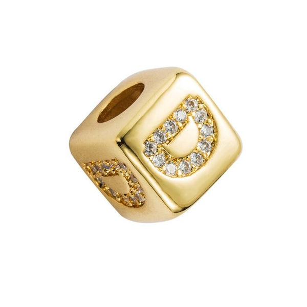 Gold Colour Letter Initial Copper Zircon CZ Bead Charm Bracelet Necklace D