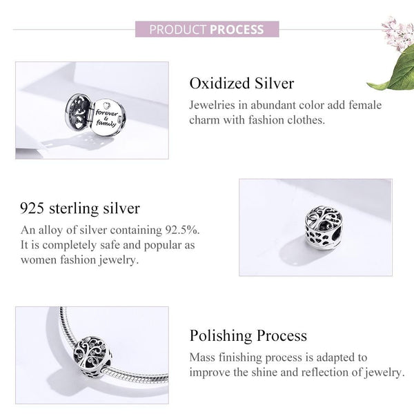 Forever & Family Tree Sterling Silver CZ Bead Charm Pendant Bracelet Necklace