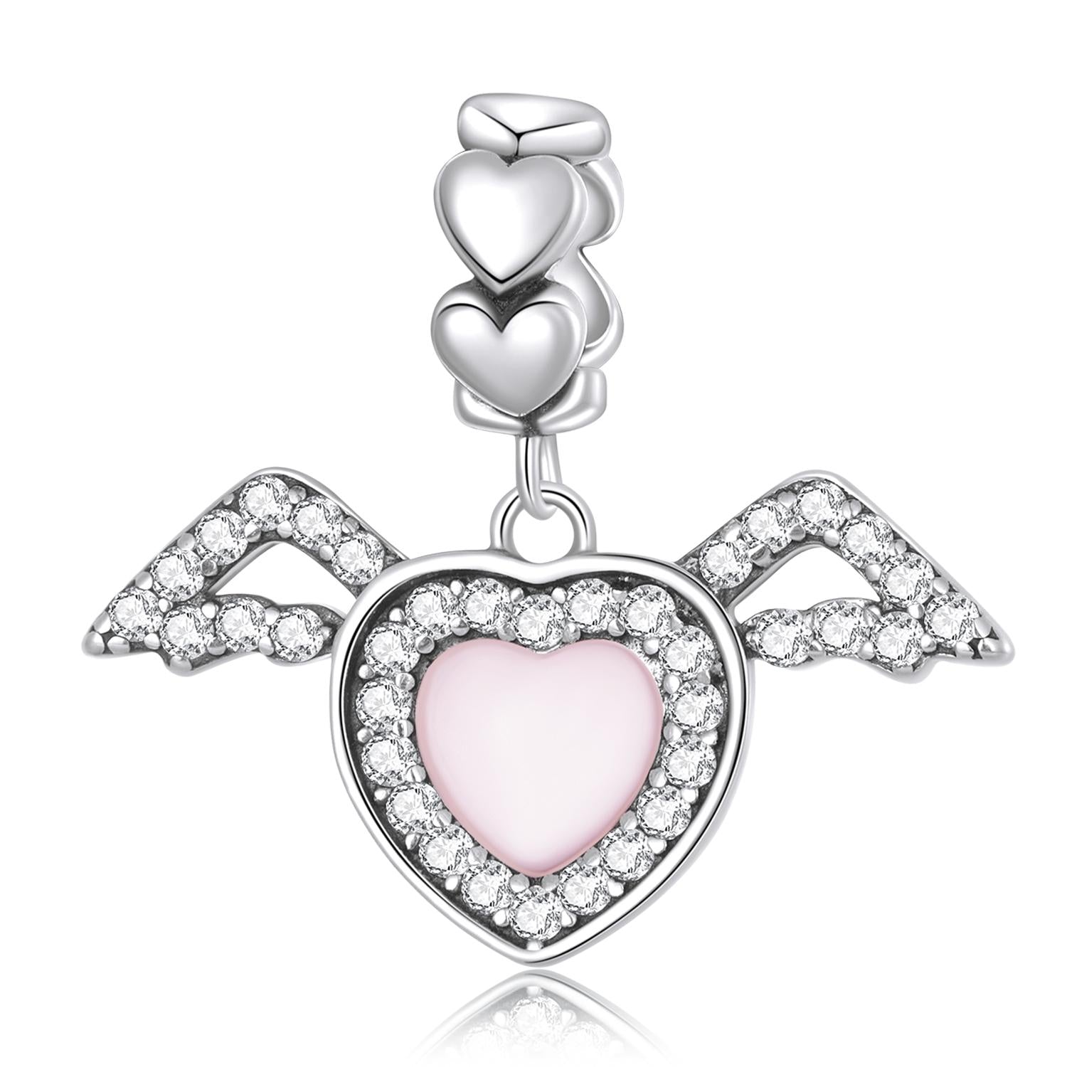 Heart Angel Wings Sterling Silver Glass Zircon CZ Bead Charm Bracelet Necklace