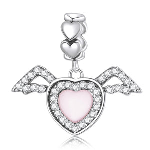 Heart Angel Wings Sterling Silver Glass Zircon CZ Bead Charm Bracelet Necklace