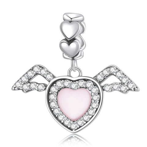 Heart Angel Wings Sterling Silver Glass Zircon CZ Bead Charm Bracelet Necklace