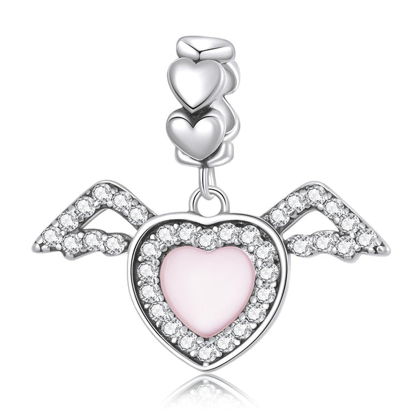 Heart Angel Wings Sterling Silver Glass Zircon CZ Bead Charm Bracelet Necklace