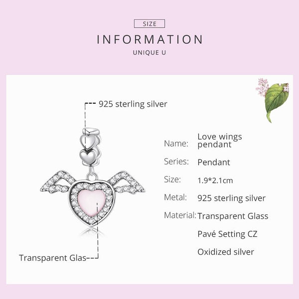 Heart Angel Wings Sterling Silver Glass Zircon CZ Bead Charm Bracelet Necklace