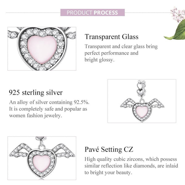 Heart Angel Wings Sterling Silver Glass Zircon CZ Bead Charm Bracelet Necklace