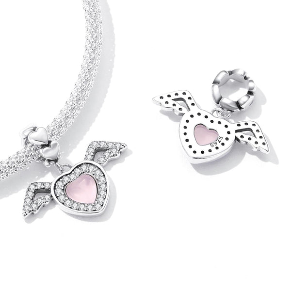 Heart Angel Wings Sterling Silver Glass Zircon CZ Bead Charm Bracelet Necklace