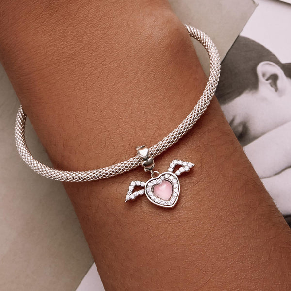 Heart Angel Wings Sterling Silver Glass Zircon CZ Bead Charm Bracelet Necklace