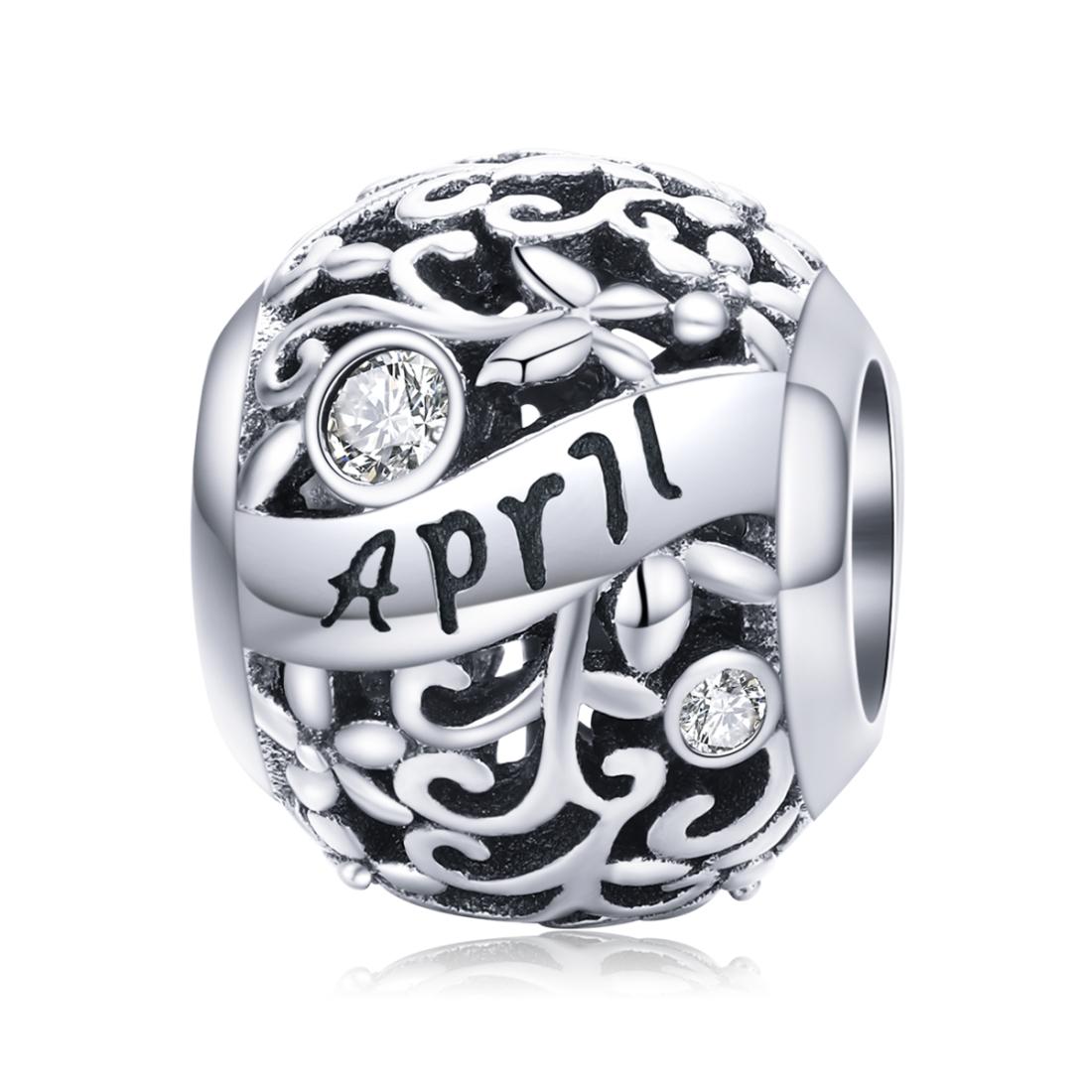 Diamond April Birthstone Sterling Silver Zircon CZ Bead Charm Bracelet Necklace