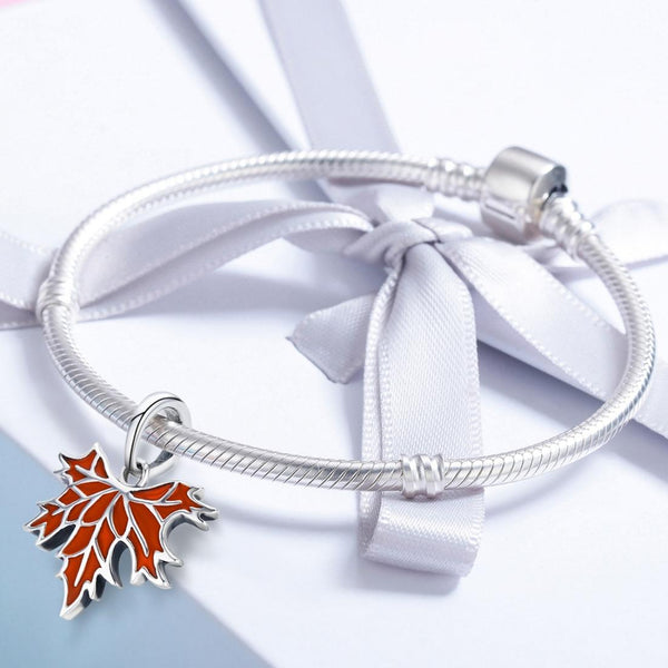 Autumn Maple Leaf Enamel Sterling Silver Bead Charm Pendant Bracelet Necklace