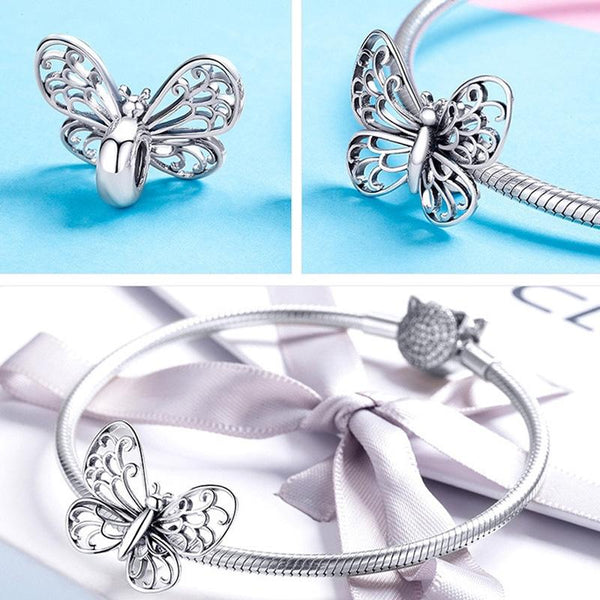 Filigree Butterfly Sterling Silver Bead Charm Pendant Bracelet Necklace