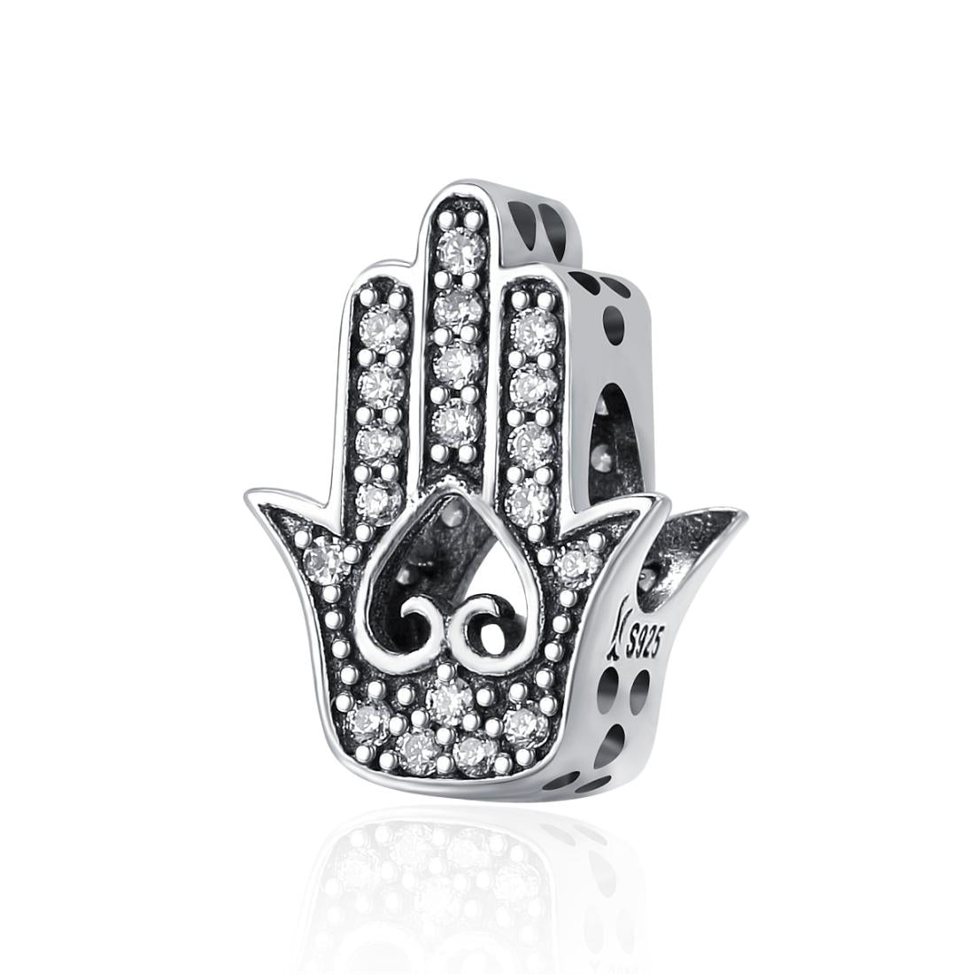Hand Of Fatima Sterling Silver Zircon CZ Bead Charm Pendant Bracelet Necklace