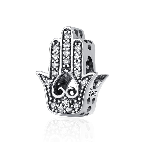 Hand Of Fatima Sterling Silver Zircon CZ Bead Charm Pendant Bracelet Necklace